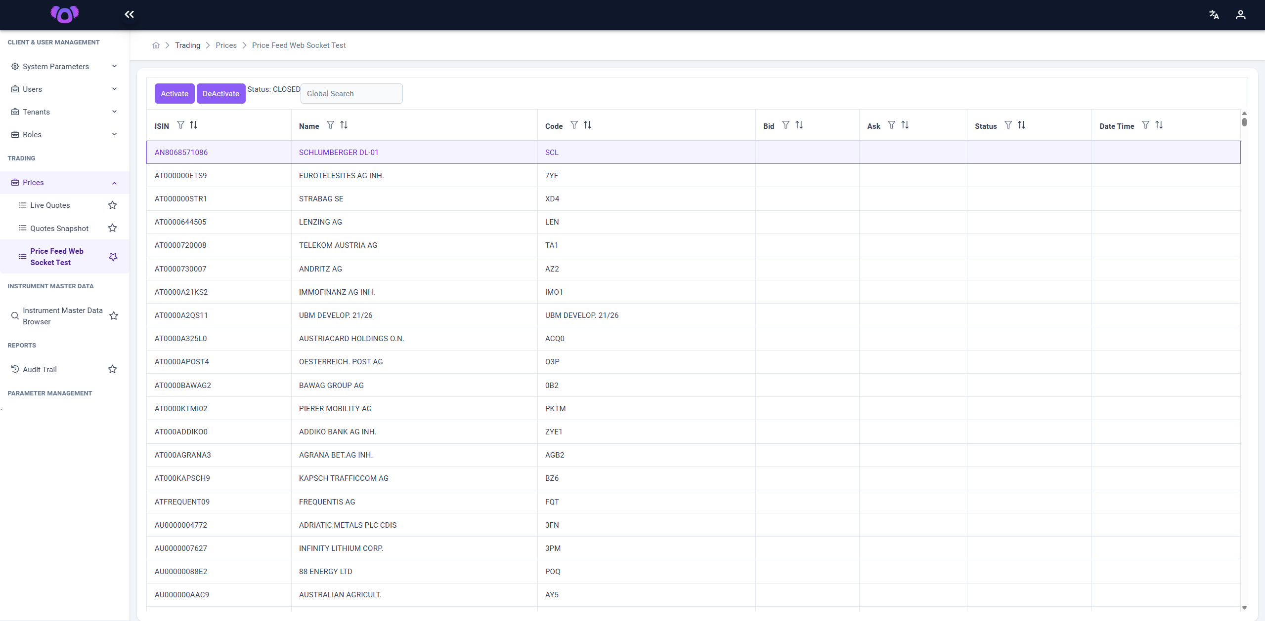 Price Feed Web Socket Test